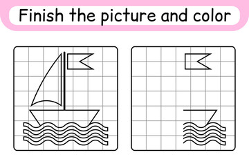 Complete the picture ship. Copy the picture and color. Finish the image. Coloring book. Educational drawing exercise game for children
