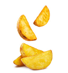 Delicious fried potato wedges, isolated on white background