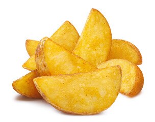 Delicious fried potato wedges, isolated on white background