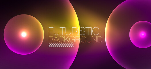 Shiny neon geometric abstract background. Glowing lights on round shapes, triangles and circles. Wallpaper for concept of AI technology, blockchain, communication, 5G, science, business