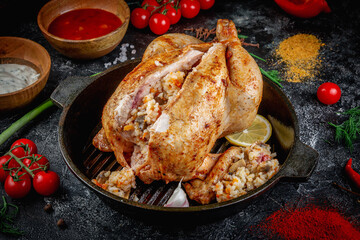 Grilled chicken stuffed with buckwheat on a dark stone table with vegetables, cream and tomato sauce. Served in a frying pan. Fast food restaurant, delivery service.