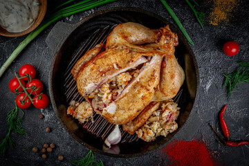 Grilled chicken stuffed with buckwheat on a dark stone table with vegetables, cream and tomato sauce. Served in a frying pan. Fast food restaurant, delivery service.
