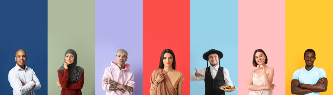 Collage of different people on color background with space for text