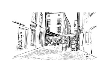 Building view with landmark of Nancy is the 
city in France. Hand drawn sketch illustration in vector.