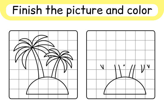 Complete the picture palm. Copy the picture and color. Finish the image. Coloring book. Educational drawing exercise game for children
