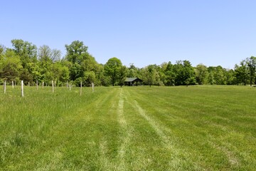 The shelter in the green grass field in the country.