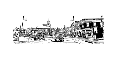 Building view with landmark of Nashua is a city in southern New Hampshire. Hand drawn sketch illustration in vector.