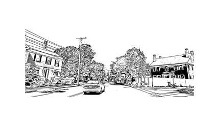 Building view with landmark of Nashua is a city in southern New Hampshire. Hand drawn sketch illustration in vector.