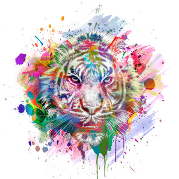Bright abstract colorful background with tiger, paint splashes