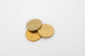 Euro coins lying on a white background