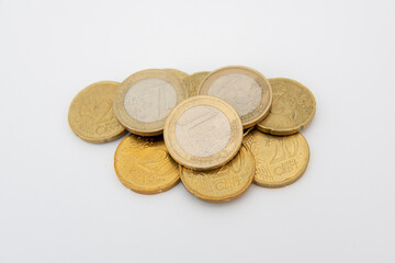 Euro coins lying on a white background