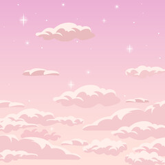 Cartoon starry sky. Cute pink heaven background. Sugar cotton pastel clouds