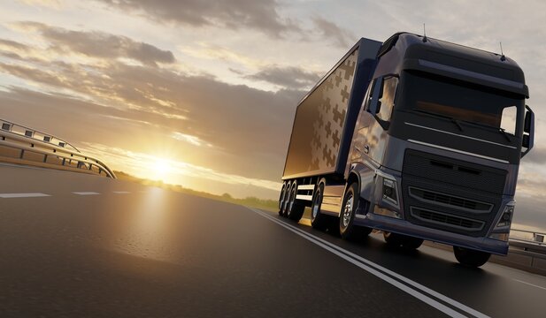 3D Truck on the road, cargo transportation concept. 3D illustration