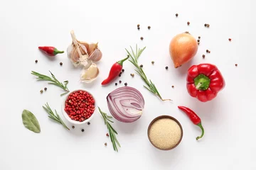 Gordijnen Composition with spices and vegetables isolated on white background © Pixel-Shot