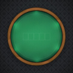 Poker table with round textured wooden frame on a dark background. Frame with illuminated border, green firm cloth. Top view. Eps10 vector