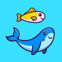 Vector Illustration of Cute Shark and Fish in Cartoon Hand Drawn Flat Style Isolated in Blue Background