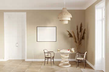 A cozy beige dining room with a blank horizontal poster near the interior door, a round table with rattan chairs, large ears of corn in a clay vase, balcony doors, and a wicker ceiling lamp. 3d render