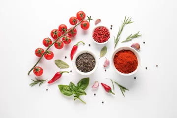Foto op Plexiglas Composition with different spices and vegetables on white background © Pixel-Shot