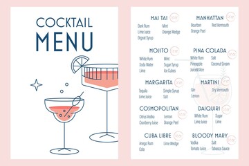 	
Vector cocktail menu for restaurants bars with cocktails price list and ingredients on white background. Printable template a4 a5