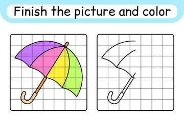 Complete the picture umbrella. Copy the picture and color. Finish the image. Coloring book. Educational drawing exercise game for children