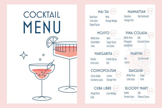 	
Vector Cocktail Menu For Restaurants Bars With Cocktails Price List And Ingredients On White Background. Printable Template A4 A5