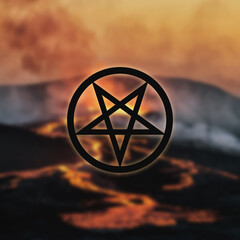 Inverted pentagram on the background of a volcanic eruption - obrazy, fototapety, plakaty