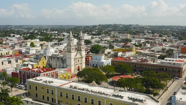 Aerial view of Campeche downtown on a sunny day
