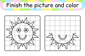 Complete the picture sun. Copy the picture and color. Finish the image. Coloring book. Educational drawing exercise game for children