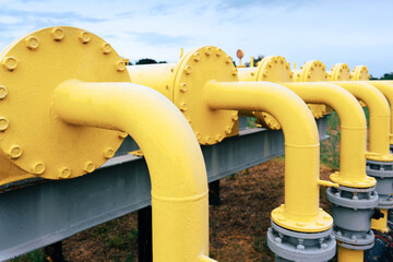 Gas pipeline oil industry. Yellow gas pipe power technology. Fuel energy equipment. Gas industry, oil transport system.