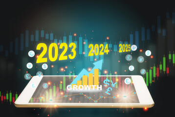 New year 2023 2024 2025 recovery business with digital technology. Artificial intelligence and fintech transformation concept and investment with currency symbol. 3d illustration and 3d rendering