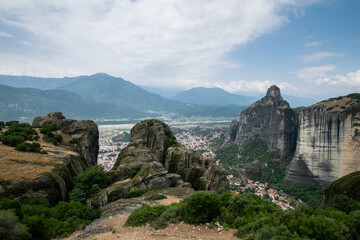View of Kalabaka town from the top of the iconic rocks of Meteora in Greece