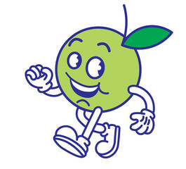 kawaii cartoon character with a body of a green apple. Vitamins, juice mascot. Vintage rubberhose comic style design. 
