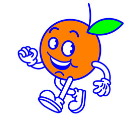 Retro cartoon character with a body of an orange fruit. Juice, vitamins, fruit mascot. Vintage rubberhose comic style design.