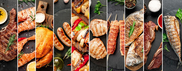 Photo collage. Barbecue menu on a stone background. Steaks, seafood, chicken, meat, sausages, barbecue