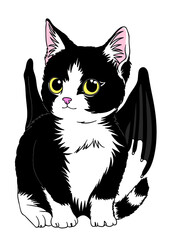 Obraz premium Black cute Kitten-Bat with big yellow eyes. Digital Halloween illustration.