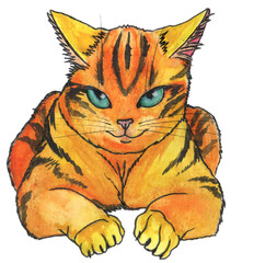 Malicious looking little tiger cat with blue eyes is resting on his belly. Watercolor painting of a canning orange kitty with black stripes. 