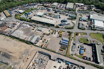 aerial drone above view of a large industrial estate UK.