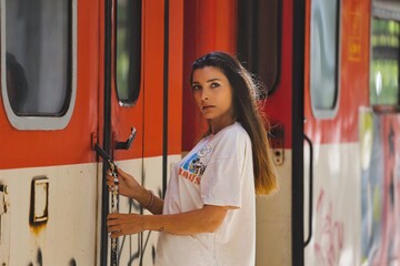 portrait of a women on the graffiti train at the railway station in varna bulgaria 