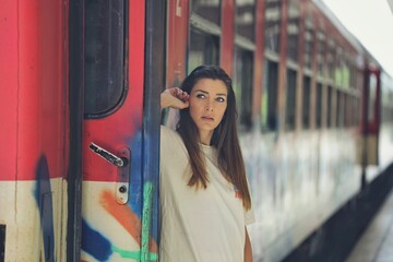 portrait of a women on the graffiti train at the railway station in varna bulgaria 