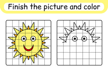 Complete the picture sun. Copy the picture and color. Finish the image. Coloring book. Educational drawing exercise game for children
