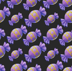 A seamless pattern of flying candies isolated on a black background. Decorative background element, texture, and gift wrapping paper. 