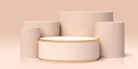 Vector realistic luxury elegant podium, surrounded cylinders. 3D render of a beige and gold pedestal, decorated with glitter on gradient background. Premium banner with a platform for product showcase