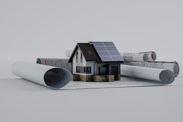 Solar panels, green energy for home, green energy design blueprints, 3d illustration.