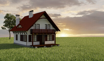 Country house on green grass. concept for advertising, 3D illustration.