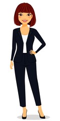 A young girl stands on a white background. Flat style. Cartoon