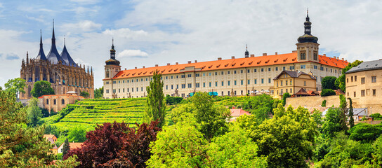 Cityscape, panorama, banner - view of the Saint Barbara's Church and the Jesuit College in the town of Kutna Hora, Czech Republic - obrazy, fototapety, plakaty