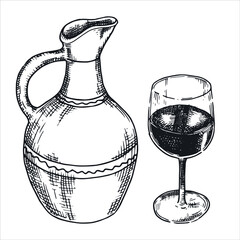 vector drawing, sketch. A pitcher of wine and a glass of wine. Georgian cuisine, national cuisine, homemade wine. graphics illustration - obrazy, fototapety, plakaty