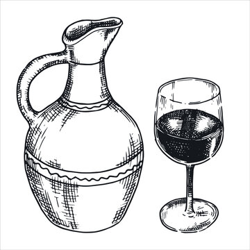 vector drawing, sketch. A pitcher of wine and a glass of wine. Georgian cuisine, national cuisine, homemade wine. graphics illustration
