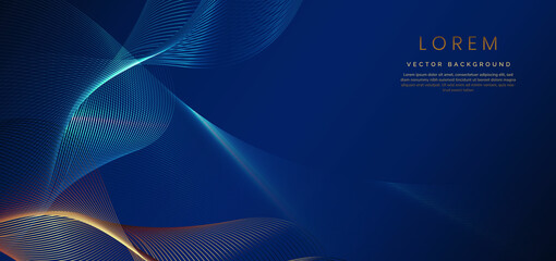 Abstract luxury golden lines curved overlapping on dark blue background. Template premium award design.