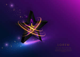 3d golden star with golden on dark blue and purple background with lighting effect and spakle. Template luxury premium award design.